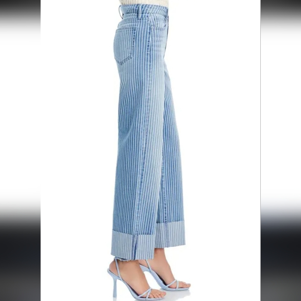 Aqua Striped Cuffed Dad Blue Striped High Waisted Denim Jeans - Picture 2 of 13
